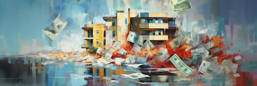 Abstraktes Gemälde von mehrstöckigen Gebäuden in lebhaften Farben mit fliegenden Geldscheinen im Vordergrund, die sich in einem stilisierten, spiegelnden Gewässer reflektieren, was eine chaotische, aber dynamische Szene schafft.