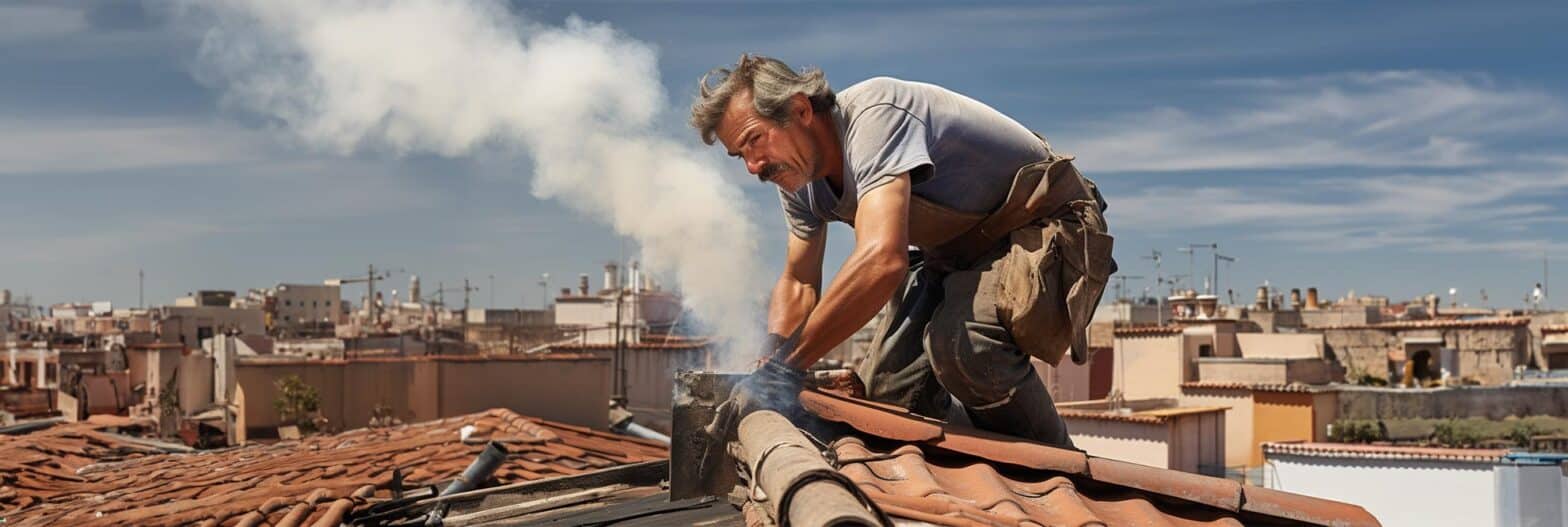 Schornsteinfeger bei der Arbeit auf einem Ziegeldach in städtischer Umgebung, repariert Kamin unter blauem Himmel. Mann mittleren Alters mit grauen Haaren und Schutzkleidung lötet Kaminblech, Rauch steigt auf, typische Stadtsilhouette im Hintergrund mit klarem Wetter.