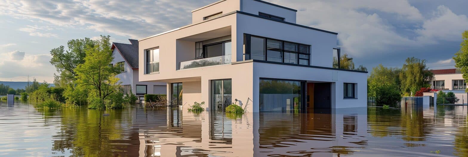 Flut in Wohngebiet in Deutschland. Ein modernes Haus steht unter Wasser