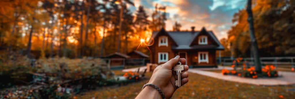 Ein Mensch hält einen Hausschlüssel vor einem Haus in einer grünen Umgebung.