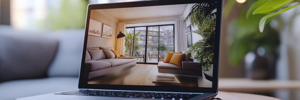 Laptop in einere gempütlichen Wohnung. Der Screen zeigt eine Ferienwohnung.