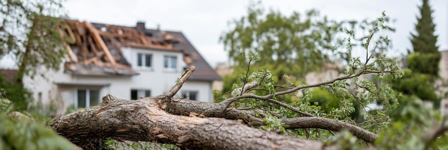 Ein großer Baum liegt auf dem Boden, leicht zerstört. Unscharf im Hintergrund ist ein Haus mit zerstörtem Dach zu sehen. Vermittelt einen Sturmschaden.